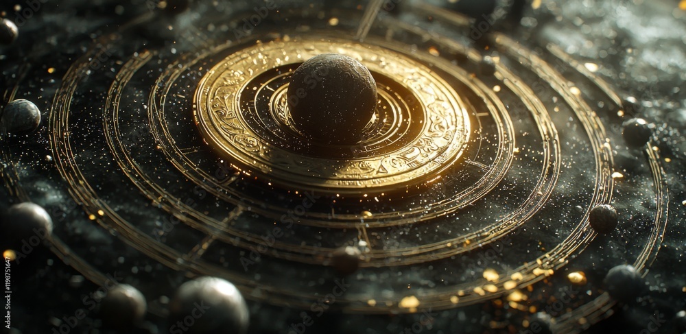 Celestial Orbits Golden Galactic System Cosmic Planetary Artwork Ornate Rings Celestial Orbits Golden Galactic System Cosmic Planetary Artwork Ornate Rings