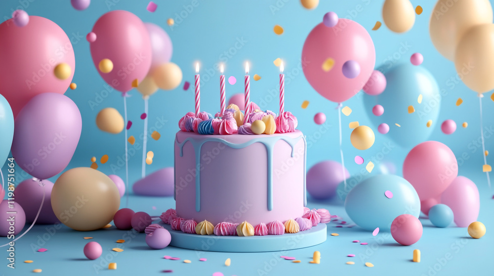 Colorful birthday cake surrounded by balloons and confetti in festive celebration Colorful birthday cake surrounded by balloons and confetti in festive celebration