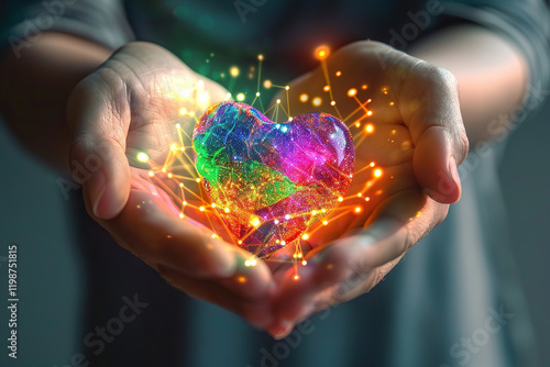 Wallpaper Mural Beautiful colorful decorative heart in strong human hands on bright color, abstract vivid composition consists of fictional unreal fantastic vision on background Torontodigital.ca