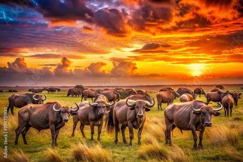 Surreal African Savannah: Buffalo Herd Grazing at Ol Pejeta Conservancy, Kenya photo