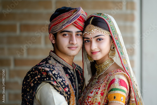 Newlywed couple wearing traditional indian wedding clothing posing together photo