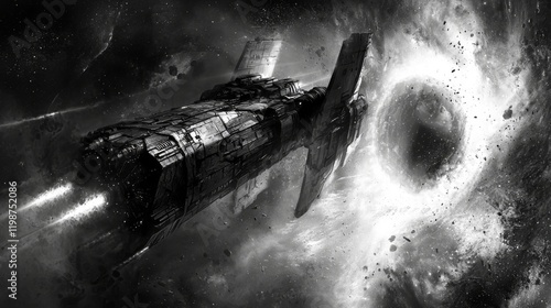 Monochromatic Spaceship Navigating a Cosmic Nebula Sci Fi Artwork photo