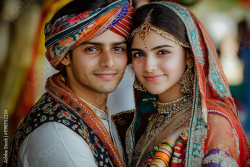 Newlywed couple wearing traditional indian wedding clothing smiling and posing together photo