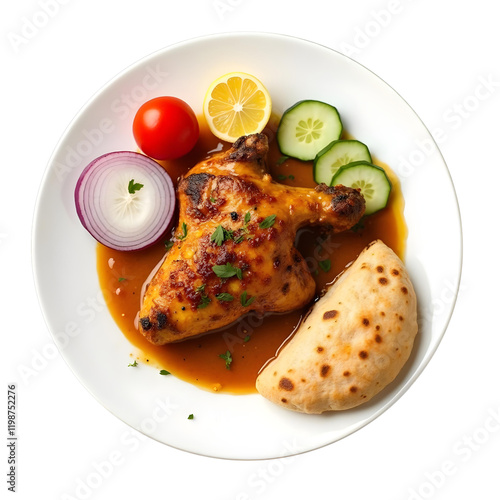  Full grilled chicken with gravy, with rumali bread , on a white plate, with tomato, onion, cucumber, one piece sliced lemon, transparent background photo