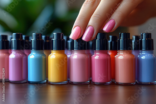 Vibrant collection of colorful nail polish bottles in a row photo