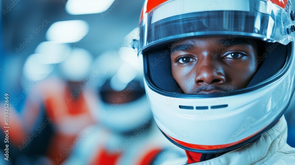 Focused Racer in Helmet and Suit Awaiting Race Start on Blurred Track Focused Racer in Helmet and Suit Awaiting Race Start on Blurred Track