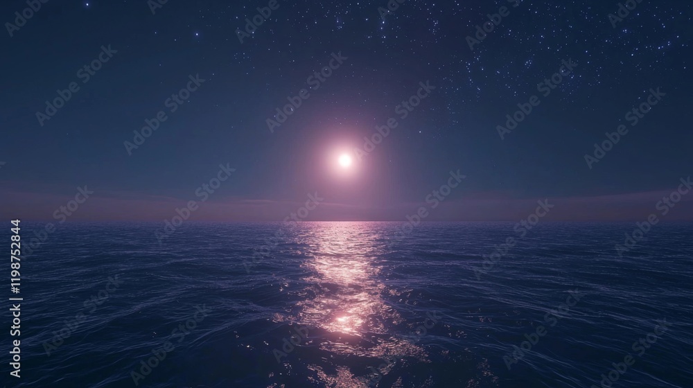 Serene Night Ocean Scene Starry Sky Pink Moonlit Waterscape Serene Night Ocean Scene Starry Sky Pink Moonlit Waterscape