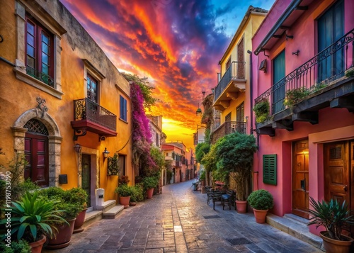 Surreal Chania: Vibrant Greek Street, Whimsical Architecture, Magical Sunset