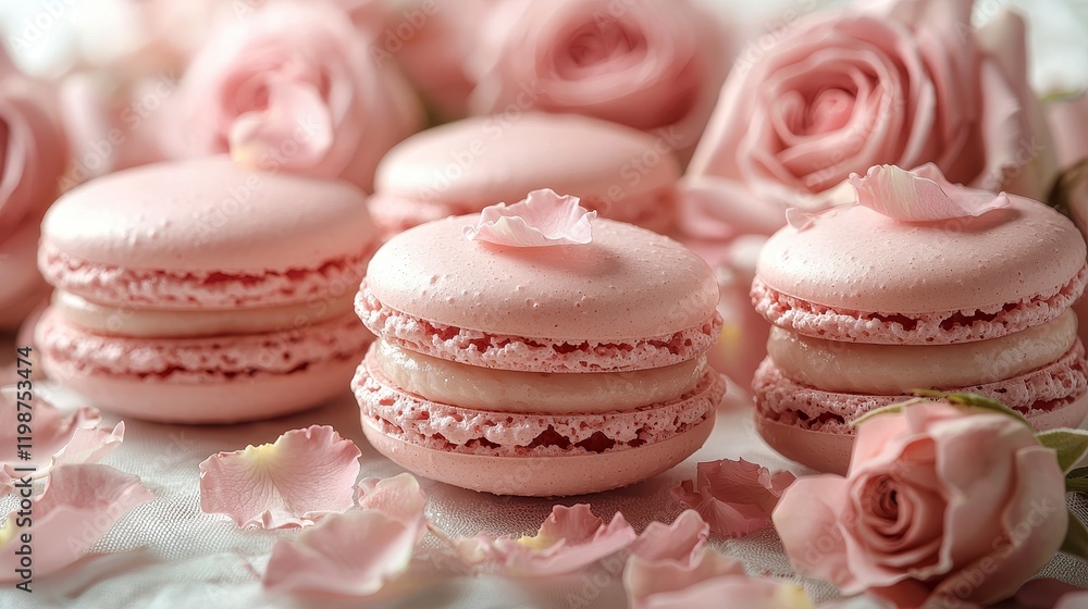 Pink macarons with roses and petals on a white background. Pink macarons with roses and petals on a white background.