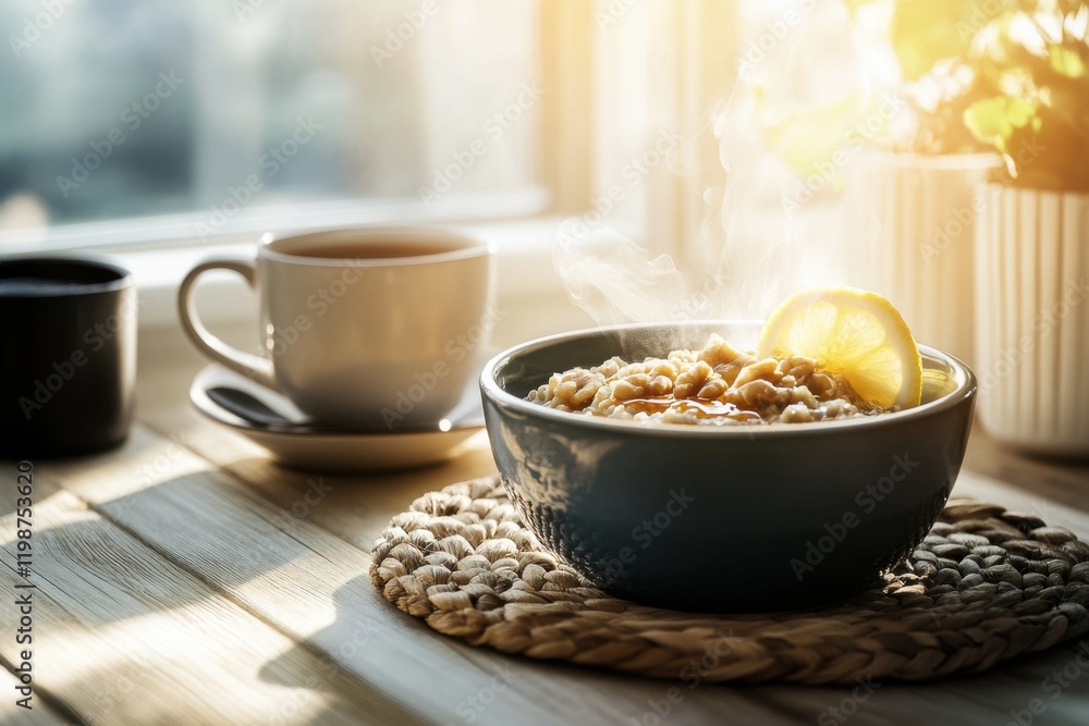Rustic breakfast with oatmeal, honey, and steaming tea by the window Rustic breakfast with oatmeal, honey, and steaming tea by the window