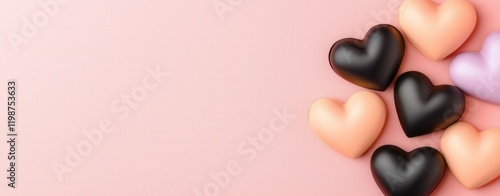 Minimalist heart shape on gradient background concept. Colorful heart-shaped candies on a soft pink background