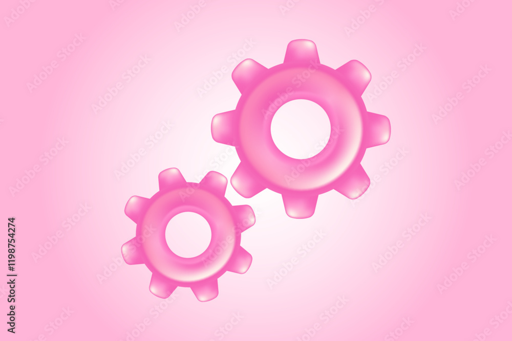 Cute 3D pink two gears icon, industrial technology background. Glowing plastic texture cogwheel network icon for infographics, presentation Cute 3D pink two gears icon, industrial technology background. Glowing plastic texture cogwheel network icon for infographics, presentation