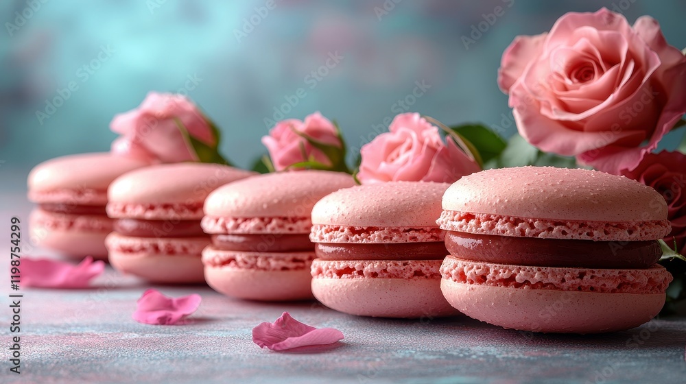 Five pink macarons with rose filling, adorned with pink roses. Five pink macarons with rose filling, adorned with pink roses.