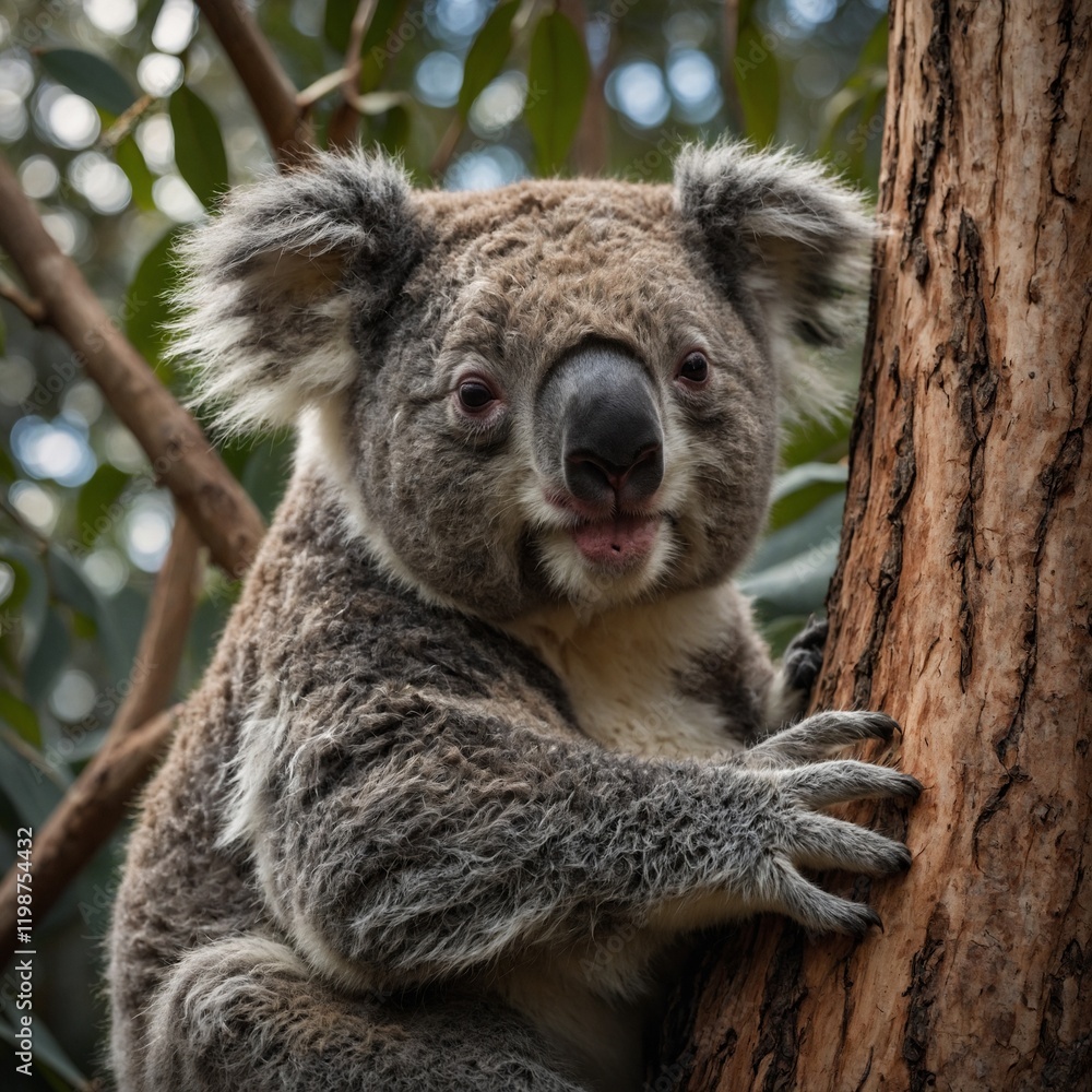 Obraz premium A cute baby koala clinging to its mother's back in a tree. 