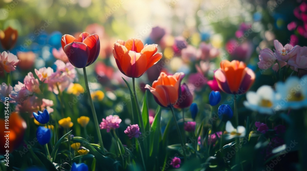 Obraz premium Vibrant Colorful Tulips in a Sunlit Spring Garden