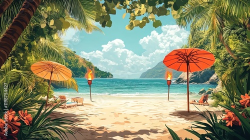 A retro-inspired tropical beach scene, with colorful umbrellas, vintage swimsuits, and tiki torches
