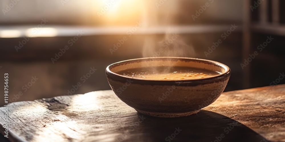 A rustic bowl of steaming soup sits on a wooden table, capturing the essence of comfort and warmth. The soft sunlight creates an inviting scene, perfect for a cozy meal.