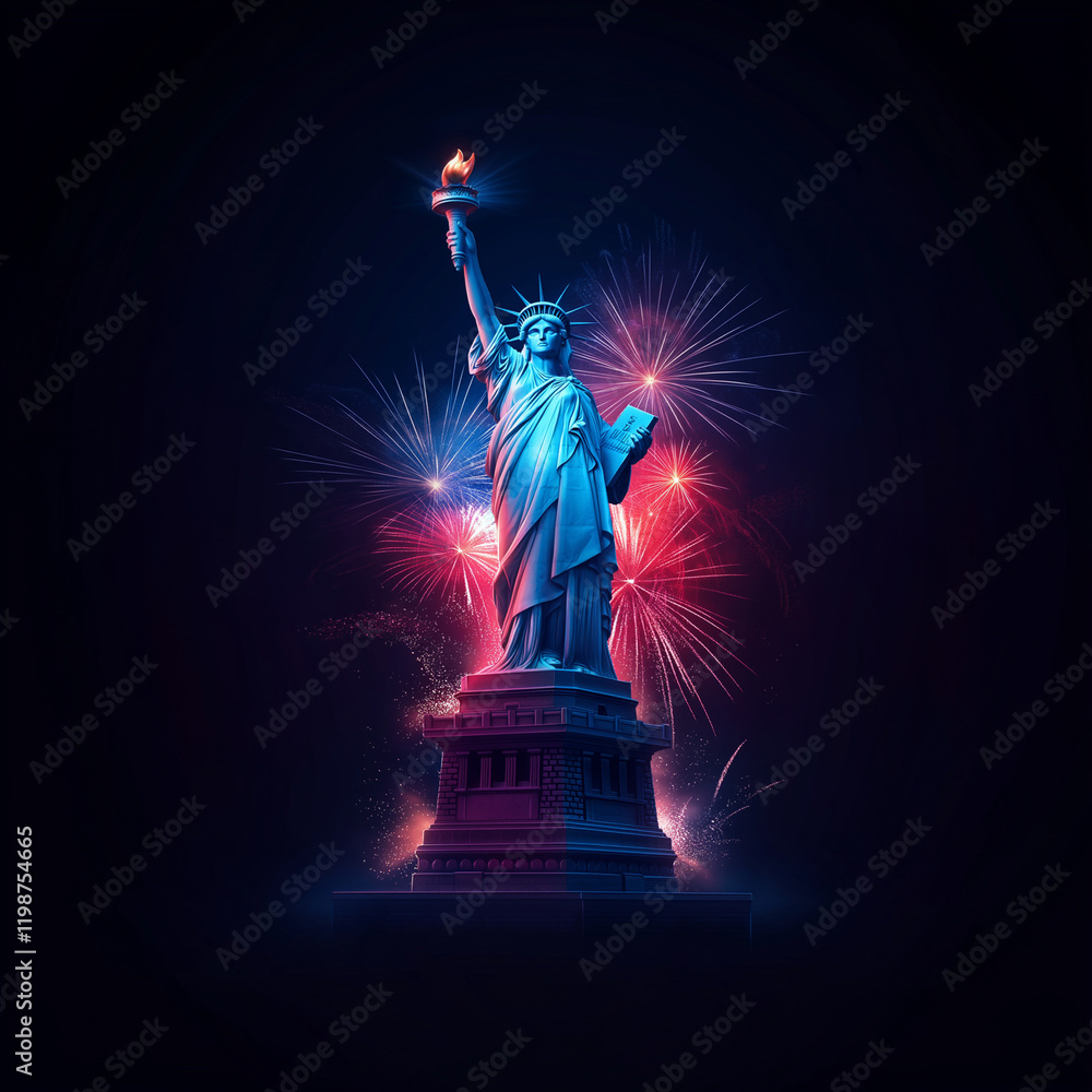 Fototapeta premium A statue of a woman holding a torch with fireworks in the background