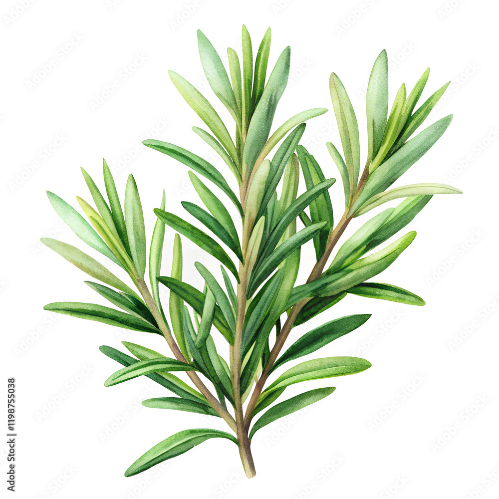 Fototapeta premium Watercolor Illustration of a Fresh Rosemary Herb Branch on White Background