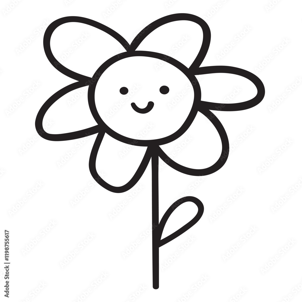 Smiling flower. Chamomile. Outline illustration on white background.