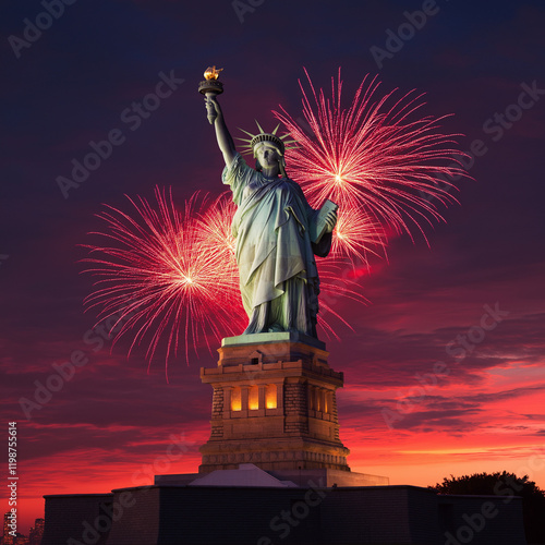A statue of a woman holding a torch is lit up with fireworks in the background