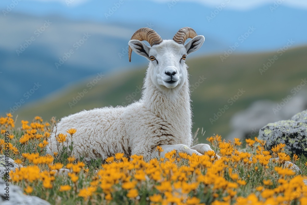 Fototapeta premium White ram rests amidst vibrant yellow wildflowers.