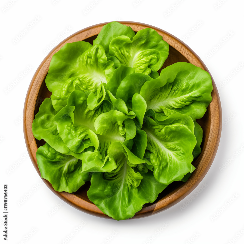 Fresh Green Butterhead Lettuce in Wooden Bowl Overhead View Fresh Green Butterhead Lettuce in Wooden Bowl Overhead View