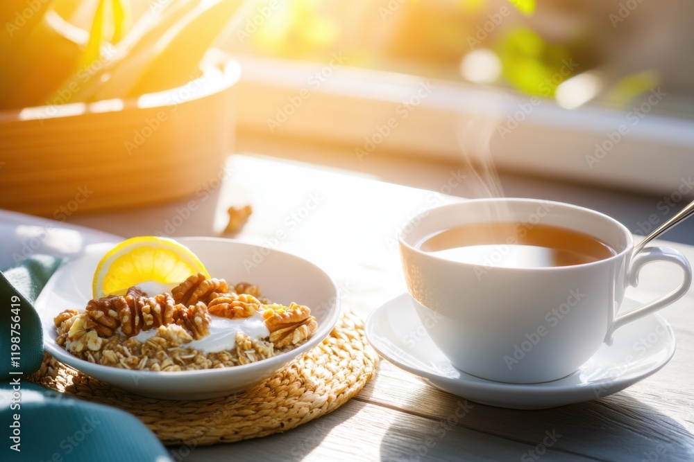 Serene morning breakfast with oatmeal, tea, and natural light by the window Serene morning breakfast with oatmeal, tea, and natural light by the window