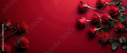 3d illustration of red roses on dark red background withcopy space, banner design, top view, high resolution photography,  photo