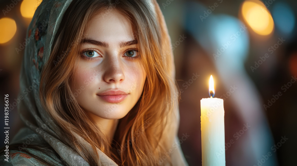 Assumption of mary: close-up portrait with candle in slavic celebration setting Assumption of mary: close-up portrait with candle in slavic celebration setting