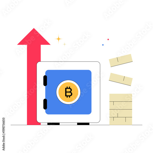 Bitcoin Vault And Growth Arrow In Flat Vector Illustration Symbolizing Financial Security, Savings, And Cryptocurrency Growth, Isolated On White Background.
