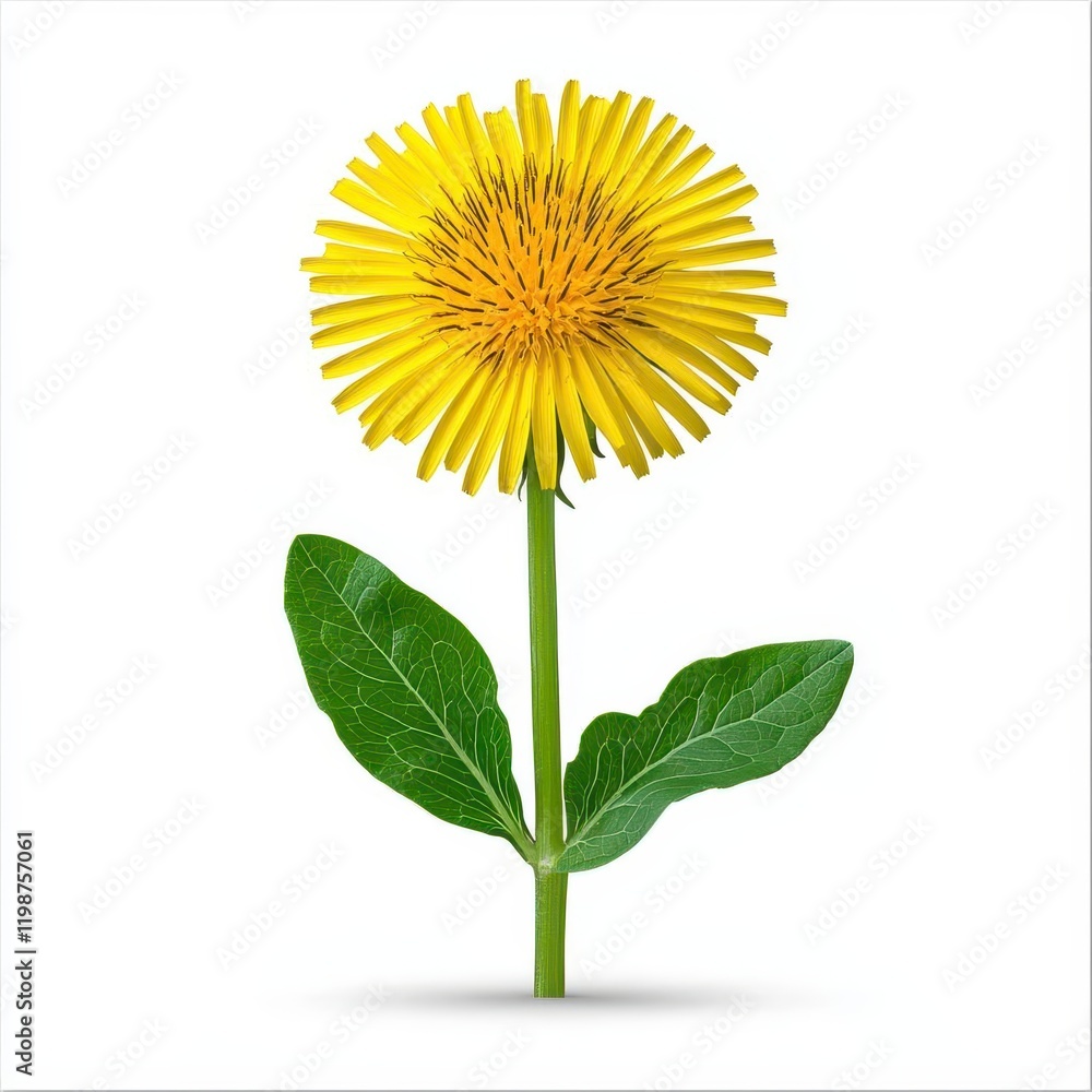 Obraz premium A photostock of a bright yellow dandelion flower with vibrant green leaves, isolated on a clean white background, fresh and natural, High Quality