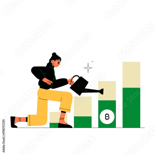 Woman Watering Cryptocurrency Growth Bars In Flat Vector Illustration Symbolizing Financial Investment, Growth, And Digital Economy, Isolated On White Background