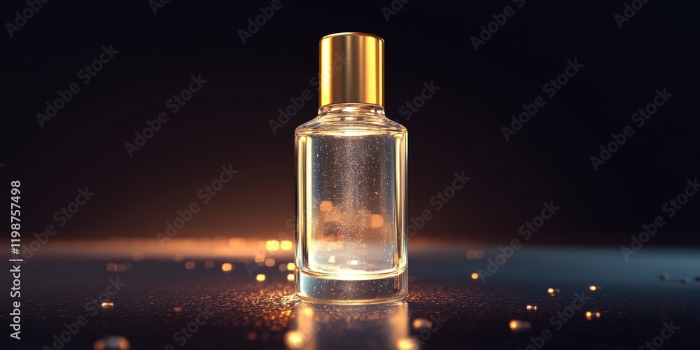 Naklejka premium This image features an elegant glass perfume bottle with a shimmering background, perfectly showcasing the beauty and luxury of fragrance in a modern design.