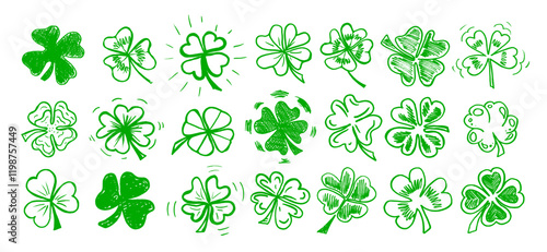 Lucky four, three clover shamrock leaf icon hand drawn style vector illustration set. Irish celtic St Patrick Day logo shamrock clover leaf symbol collection. Luck and happiness floral Irish ornament.
