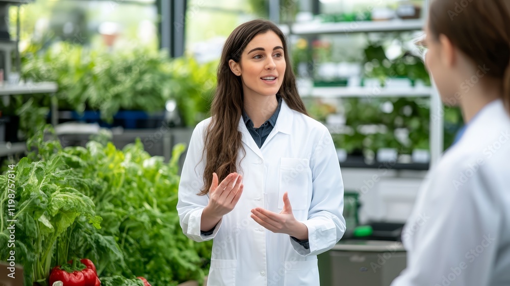 A woman in a lab coat discusses plants in a greenhouse setting. A woman in a lab coat discusses plants in a greenhouse setting.