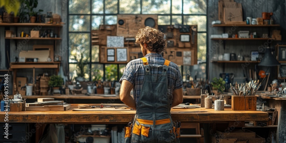 Craftsman Contemplating in Rustic Workshop Craftsman Contemplating in Rustic Workshop