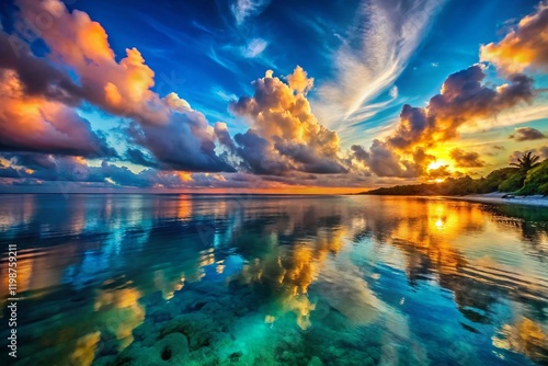 Surreal Sunset Cloudscape Reflected in Taga Beach Waters, Tinian