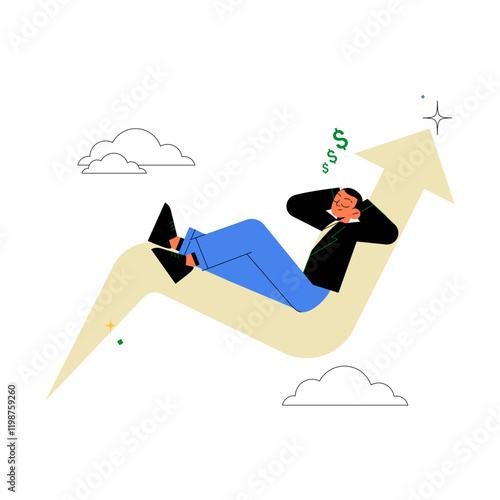 Man Relaxing On Upward Arrow In Flat Vector Illustration Symbolizing Financial Growth, Success, And Investment, Isolated On White Background