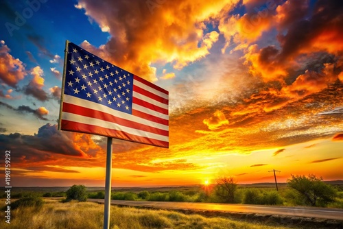 Surreal Texas Sunset: Boerne Road Sign & American Flag - 3D Render photo