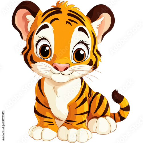 Cute and Playful Cartoon Tiger Character with Big Eyes and Whiskers Sitting Adorably photo