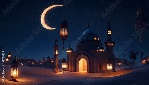 Lanterns stands in the desert at night sky, lantern islamic Mosque, crescent moon Ramadan Kareem themed illustration background photo