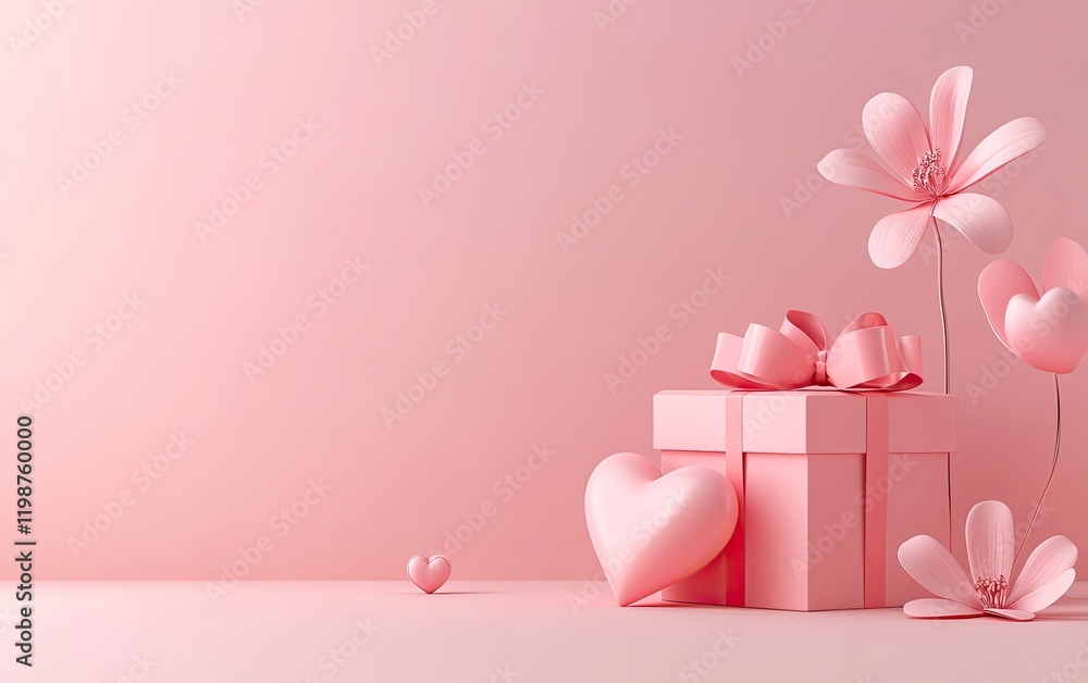 3D rendering of a Valentine's Day background with two pink hearts and a gift box, a flower on the right side, and empty space for text. 3D rendering of a Valentine's Day background with two pink hearts and a gift box, a flower on the right side, and empty space for text.