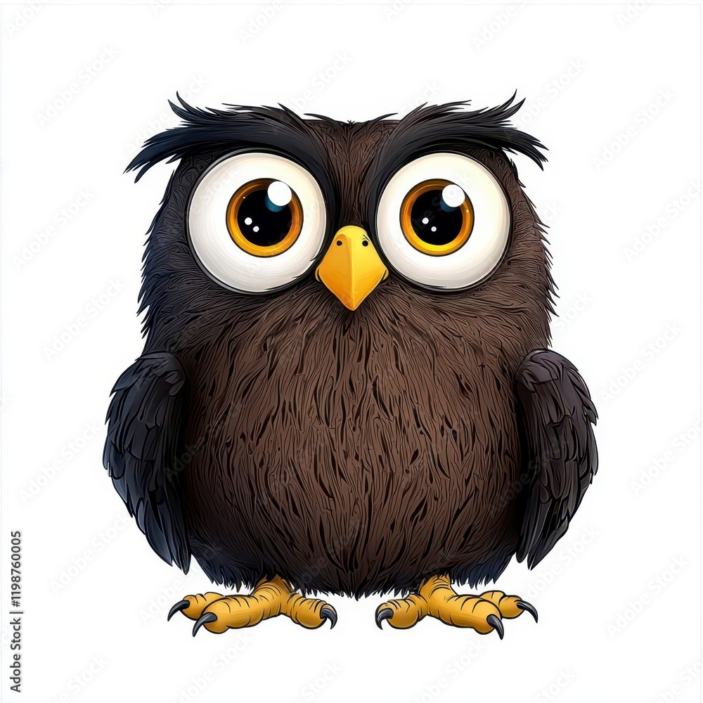 Fototapeta premium A photostock of a cartoon owl with big eyes and fluffy brown feathers, isolated on a clean white background, wise and charming, High Quality