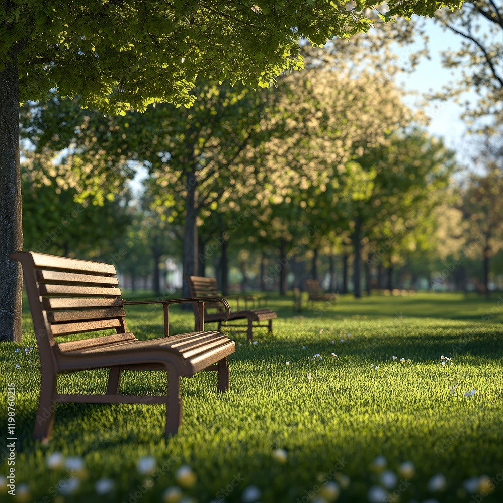Tranquil park with wooden benches, lush grass, and sunlit trees, capturing a peaceful urban escape. Tranquil park with wooden benches, lush grass, and sunlit trees, capturing a peaceful urban escape.