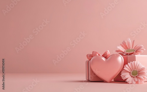 3D rendering of a Valentine's Day background with two pink hearts and a gift box, a flower on the right side, and empty space for text.