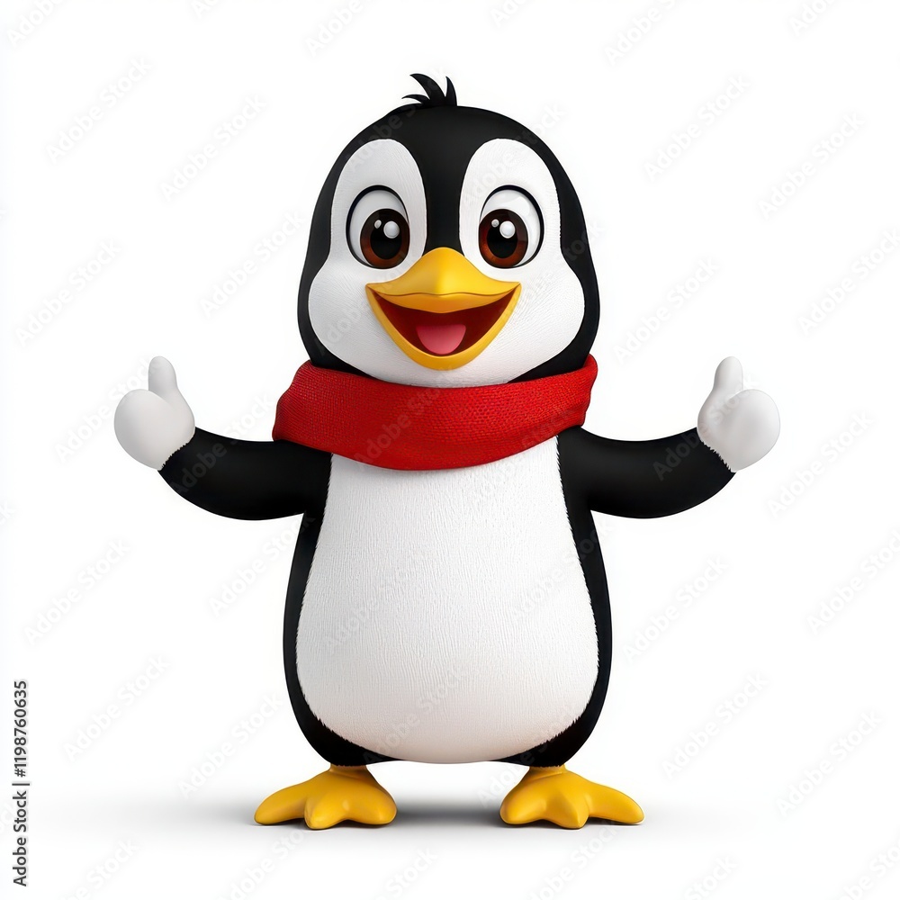 Fototapeta premium A photostock of a cartoon penguin wearing a red scarf and standing confidently, isolated on a clean white background, cute and cheerful, High Quality