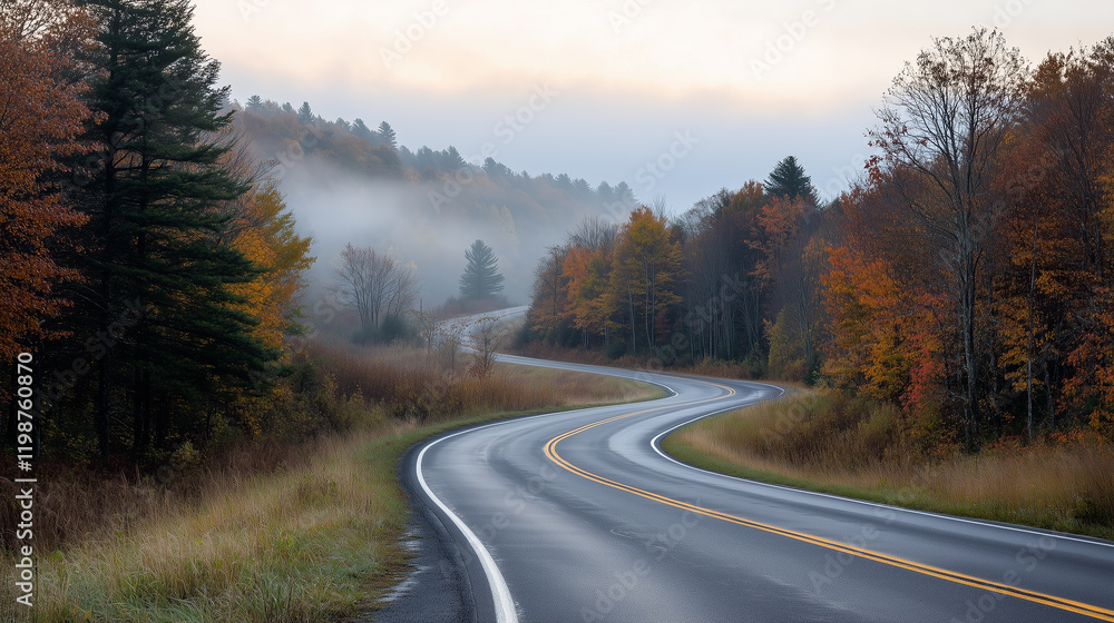 winding highway cuts through foggy, scenic landscape with autumn trees, creating mysterious and serene atmosphere. road is wet, reflecting overcast sky, enhancing tranquil mood winding highway cuts through foggy, scenic landscape with autumn trees, creating mysterious and serene atmosphere. road is wet, reflecting overcast sky, enhancing tranquil mood
