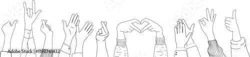 Doodle sketch hands up gestures comic icons silhouettes vector set. Group of line art fun comic hands in the air. Voting or happy congratulation audience recognition symbols.