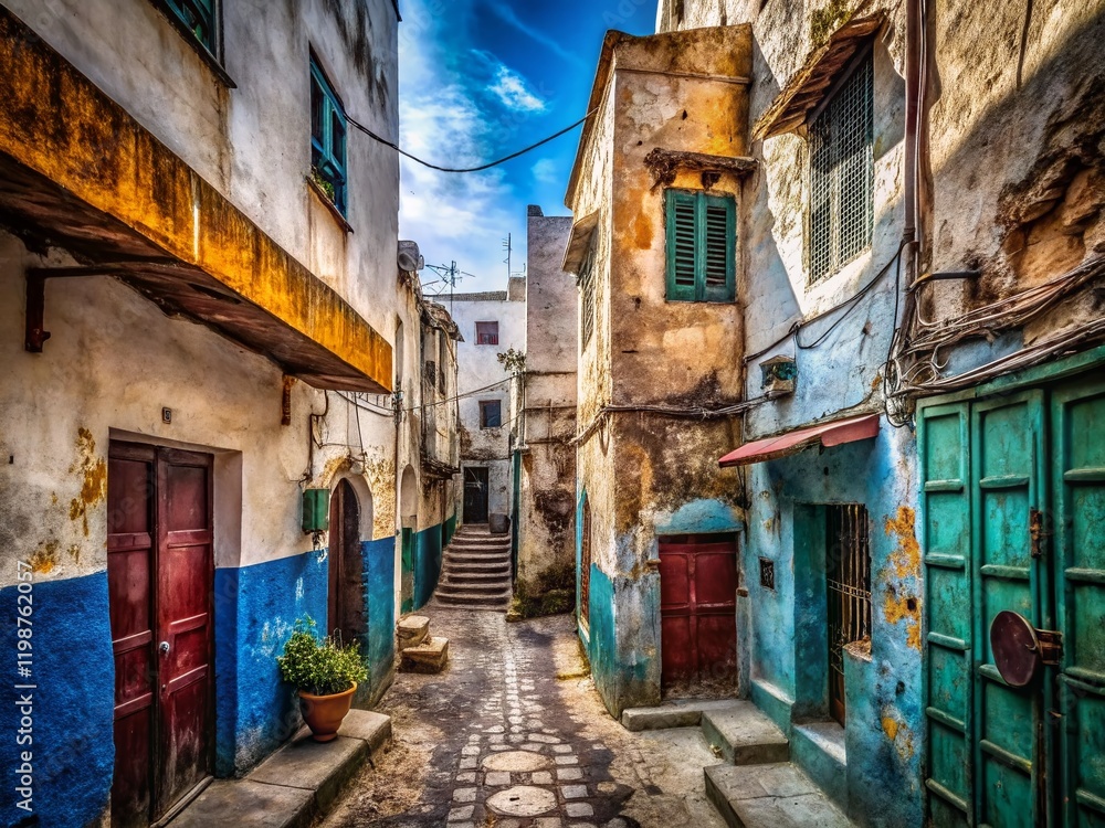 Fototapeta premium Tangier, Morocco: Panoramic Black and White Urban Exploration Photography